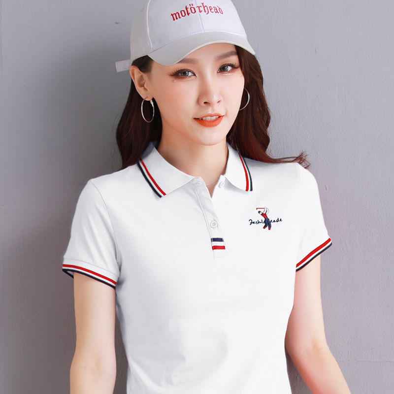 95棉 新款短袖t恤女2021夏季韩版休闲户外翻领Polo衫女打底体恤衫