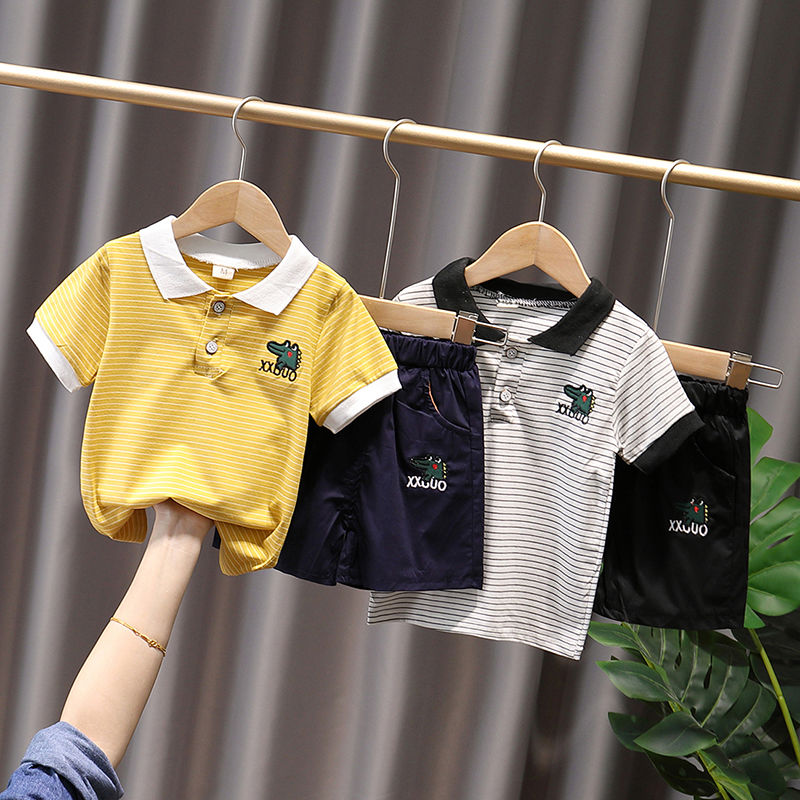 Children's summer suit 2020 new baby children's wear foreign style Baby Short Sleeve Striped Polo Shirt two pieces for boys and girls
