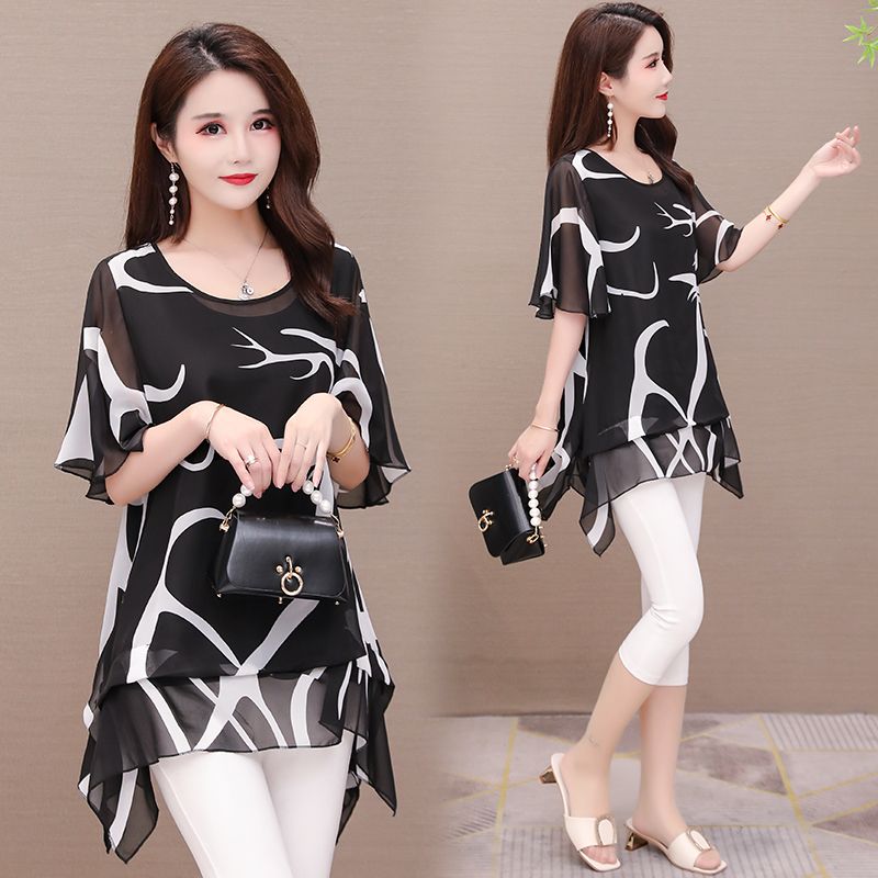 Plus size plus size summer women fat mm 2021 new belly-covering chiffon shirt mid-length loose printed T-shirt top
