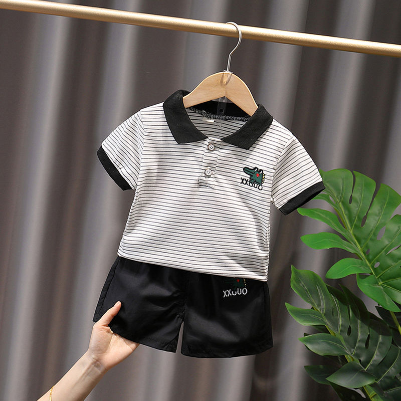 Children's summer suit 2020 new baby children's wear foreign style Baby Short Sleeve Striped Polo Shirt two pieces for boys and girls