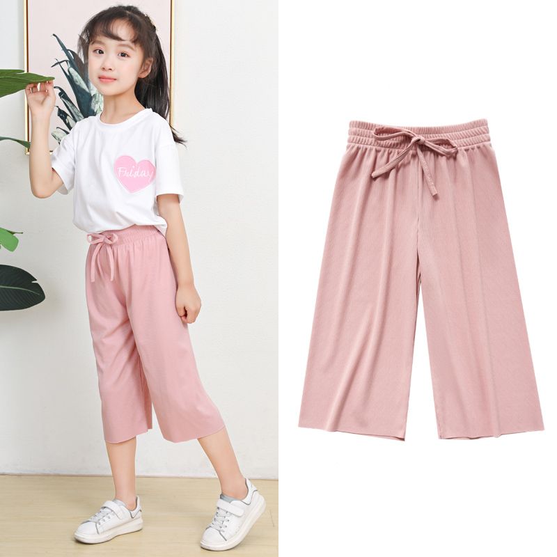 Girls' 7-point wide leg pants loose middle and large children's foreign style ice silk summer thin little girls' summer clothes children's pants fashion