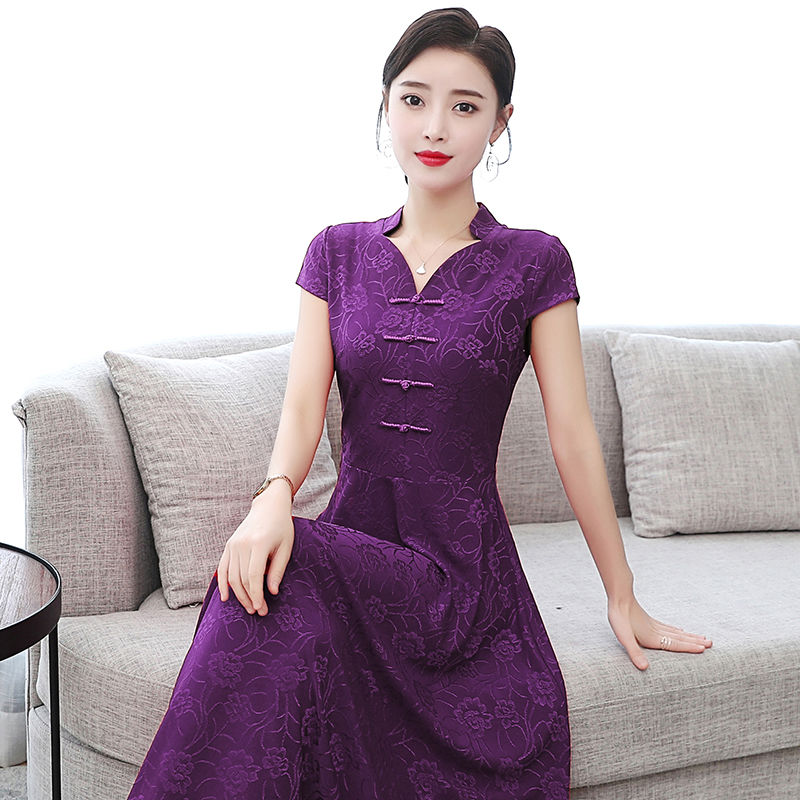 Cheongsam dress 2020 new knitted jacquard thin improved version of wide lady short sleeve lady dress