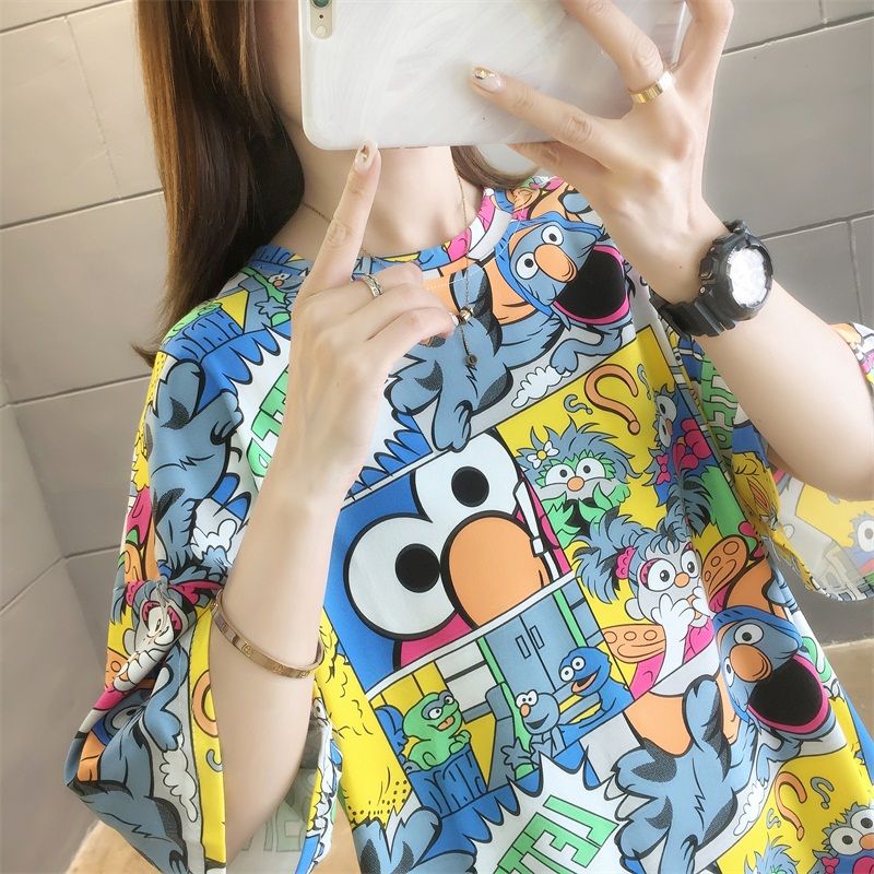 New CEC short sleeve T-shirt women's middle long net red ins super hot Korean loose cartoon student top fashion