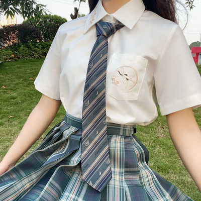 【寻月】原创JK短袖刺绣衬衫仙鹤黑夏季女制服中袖日系衬衣白寸衫