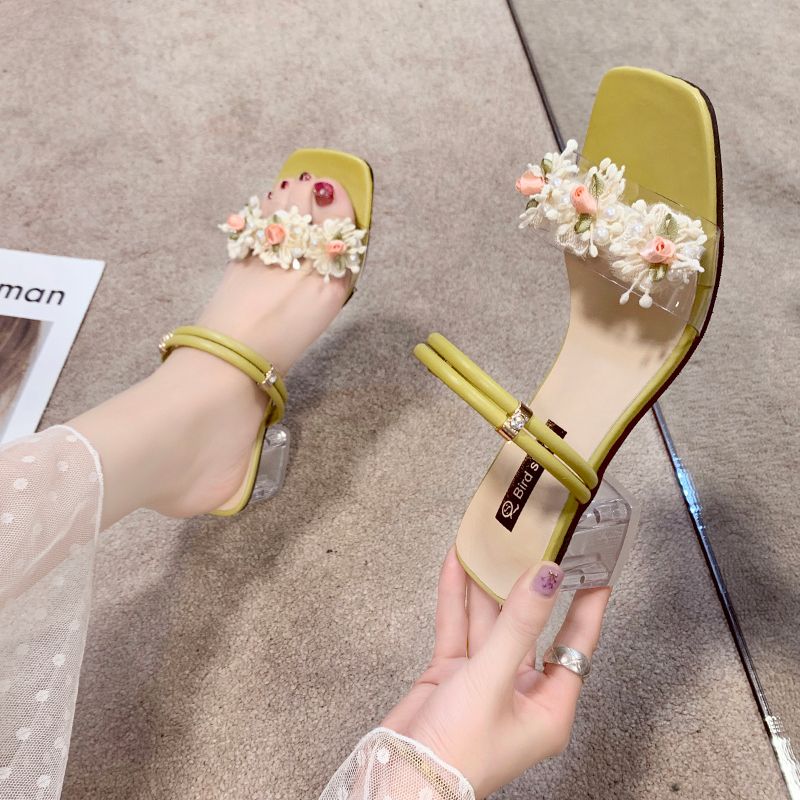 夏季凉鞋女年新款仙女风外穿时装花朵高跟一字两穿粗跟凉拖鞋