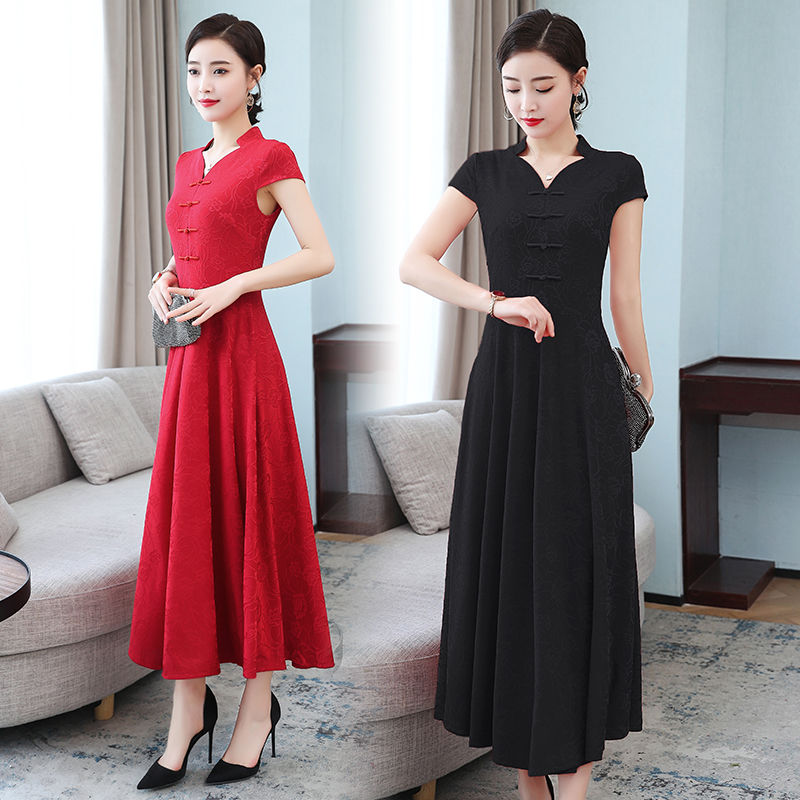 Cheongsam dress 2020 new knitted jacquard thin improved version of wide lady short sleeve lady dress