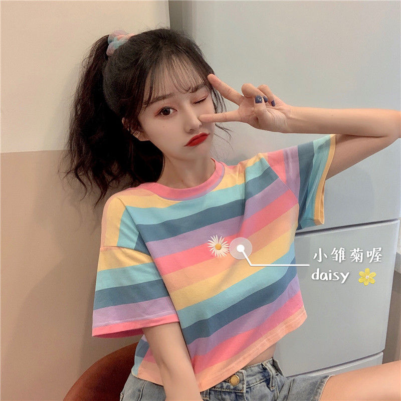 Striped short T-shirt girl 2020 new Daisy short sleeve female student Korean loose BF wind ins top summer tide