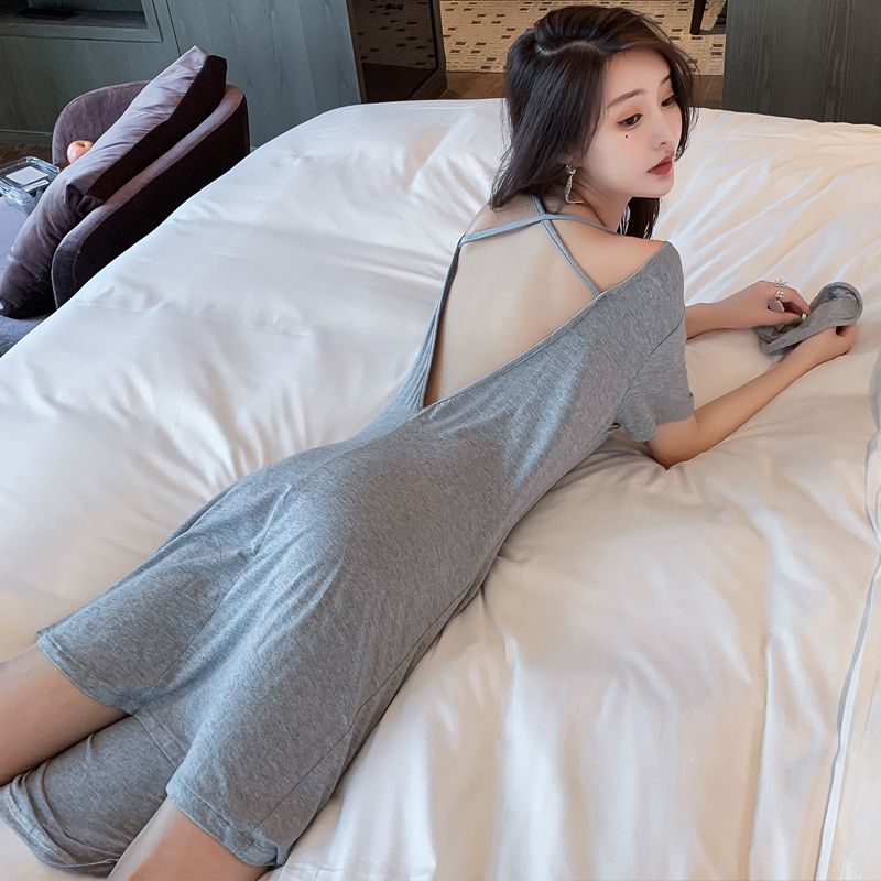 Nightdress women's summer Korean sexy pajamas women's long short sleeve off the shoulder suspender skirt can be worn loose home clothes