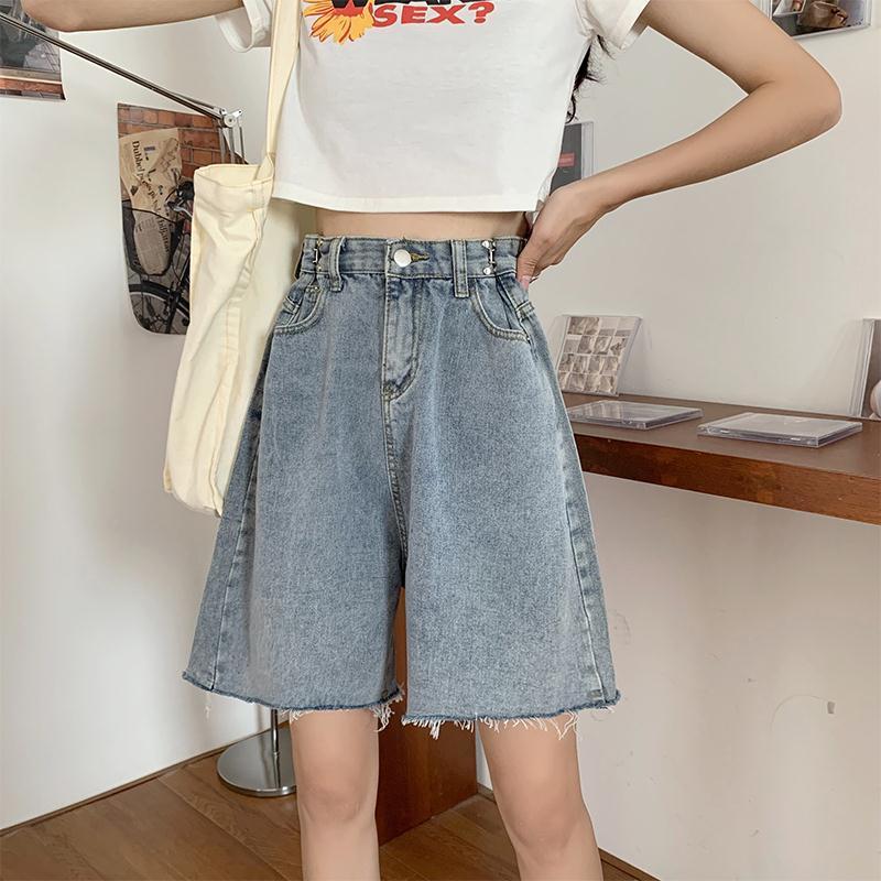 Summer Korean version of INS high waist straight tube jeans Capris loose and versatile students show thin pants wide leg shorts women