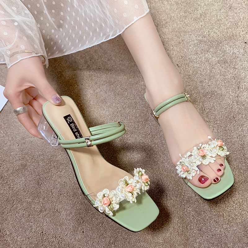 夏季凉鞋女年新款仙女风外穿时装花朵高跟一字两穿粗跟凉拖鞋