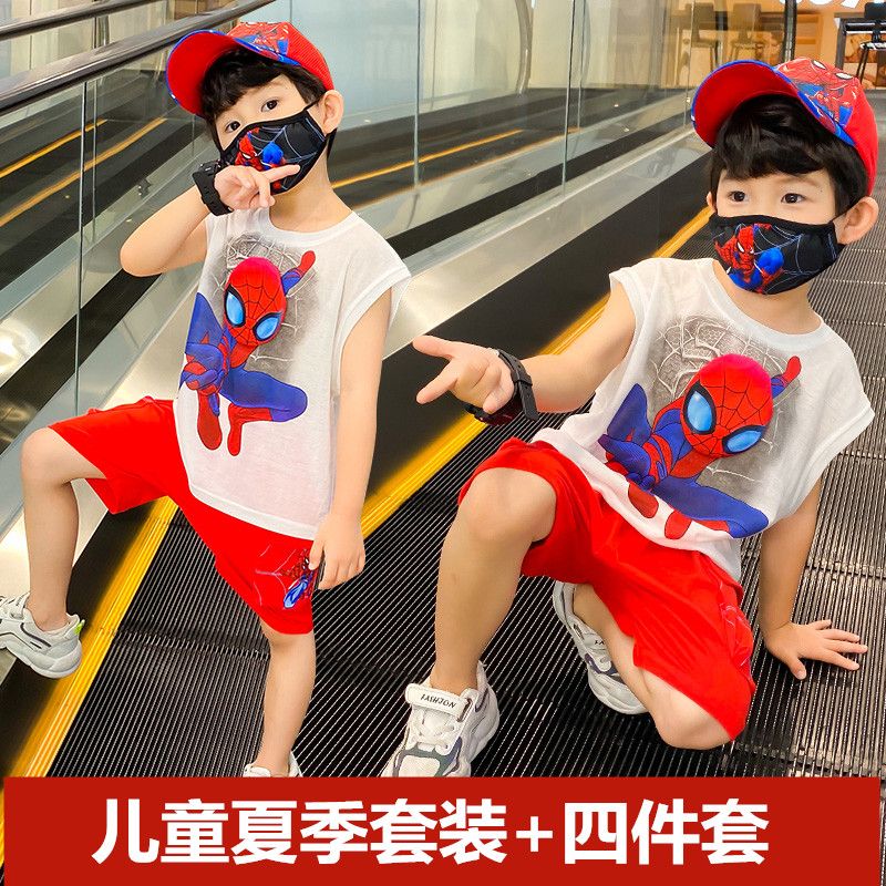 Boys' summer suit 2020 new kids' handsome spider man short sleeve net red foreign style children's Ultraman children's wear