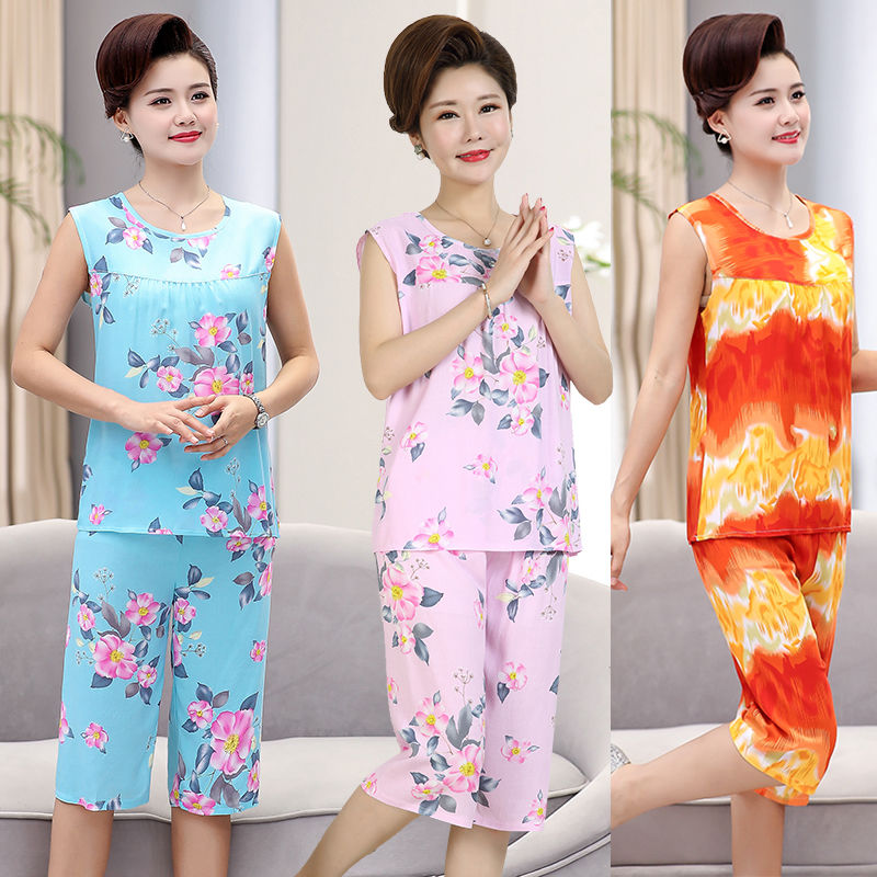 Middle-aged mother's summer cotton silk pajamas women's summer sleeveless middle-aged and elderly cotton suit summer cotton silk two-piece set