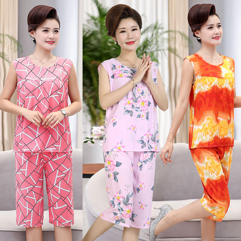 Middle-aged mother's summer cotton silk pajamas women's summer sleeveless middle-aged and elderly cotton suit summer cotton silk two-piece set