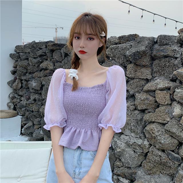 Summer 2020 new slim fit and slim temperament wave point mesh French style minority wooden ear edge Short Sleeve Chiffon shirt for women