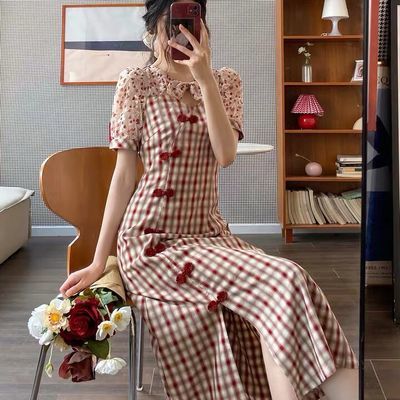 40471/Dear Nana改良旗袍连衣裙女夏格子修身长裙复古气质显瘦显高裙子
