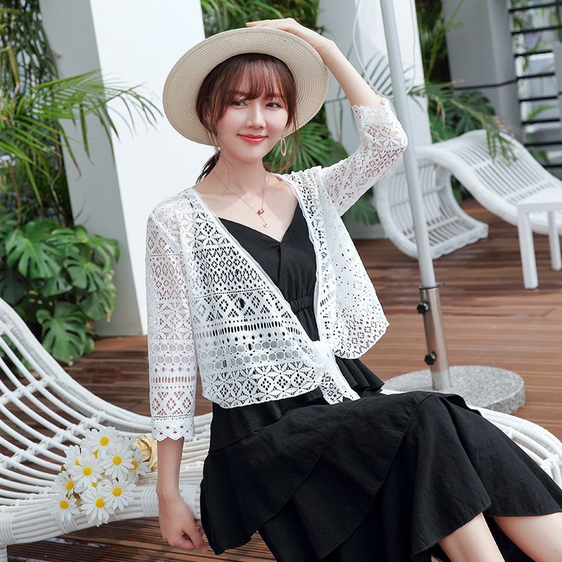 蕾絲女夏款鏤空蕾絲邊長袖上衣防曬服披肩配吊帶裙外搭外套空調衫
