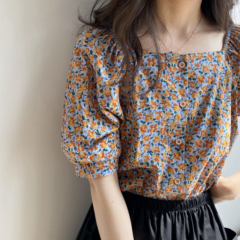 Chiffon shirt women's foreign style small shirt retro floral cover belly student top loose summer Korean new short sleeve shirt