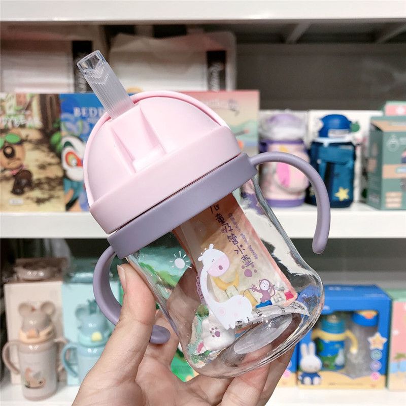 Children's Straw Cup baby bottle learning drink cup cartoon with handle anti drop and leak proof kindergarten drinking plastic cup