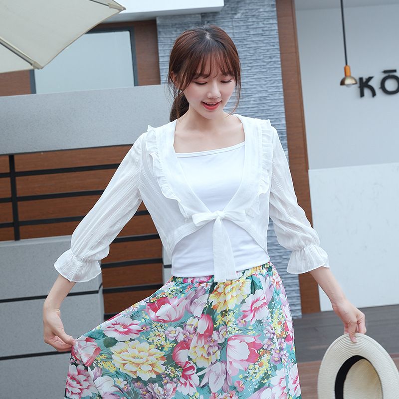 蕾絲女夏款鏤空蕾絲邊長袖上衣防曬服披肩配吊帶裙外搭外套空調衫