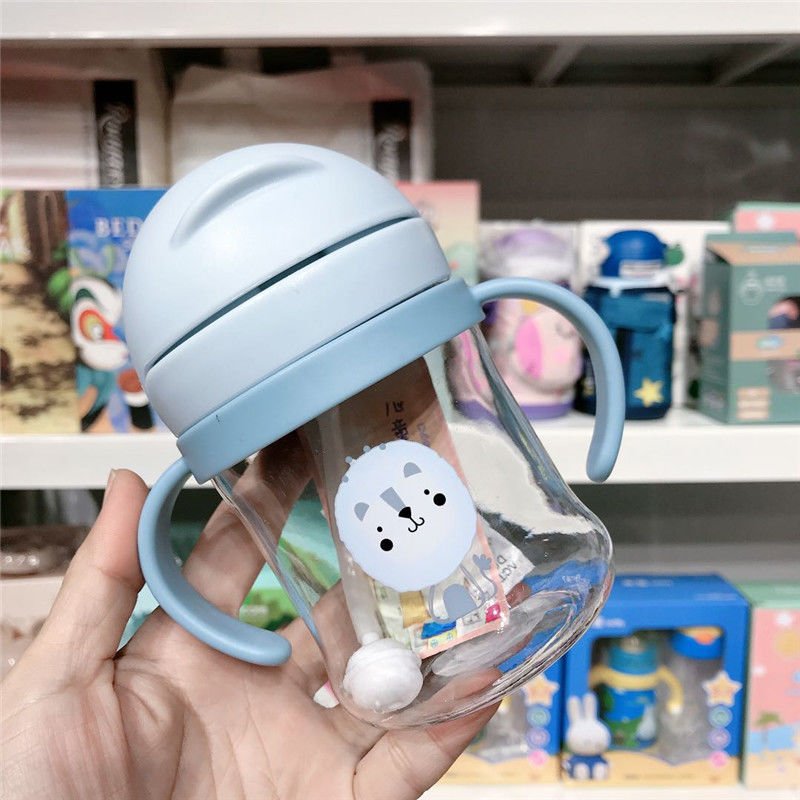 Children's Straw Cup baby bottle learning drink cup cartoon with handle anti drop and leak proof kindergarten drinking plastic cup