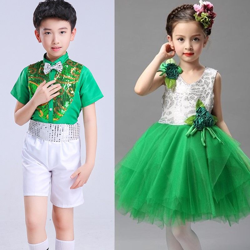 我们是祖国的花朵儿童演出服六一幼儿大班舞蹈服蓬蓬裙绿色合唱服
