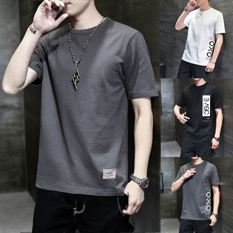 Hong Kong Style dark grey tide brand trend ins summer men's Korean slim fit short sleeve T-shirt youth boys' student top