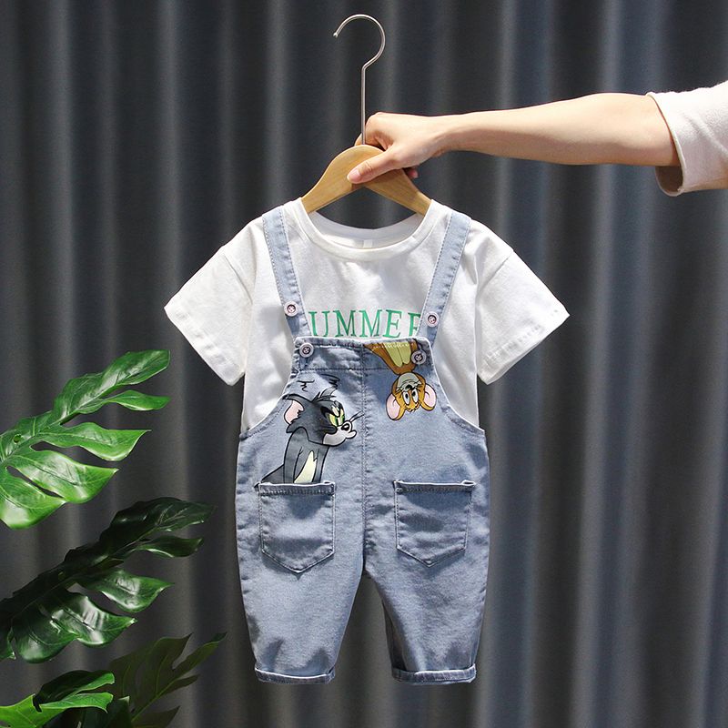 Baby Summer Boys' suit denim backpack short pants girls' summer thin short sleeve two piece suit fashion