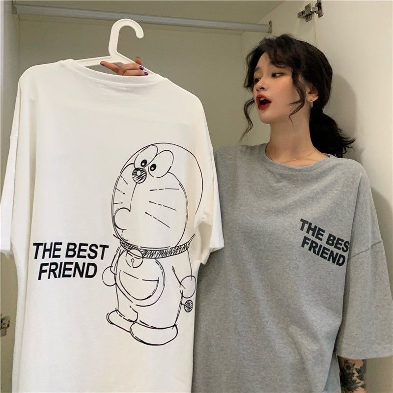 Guochao cartoon Doraemon print casual short sleeve t-shirt female loose 2020 summer couple student half sleeve top