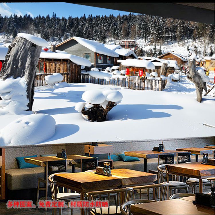 老东北雪乡雪景壁纸饭店饭馆背景墙壁画饺子馆农家院背景装饰壁画