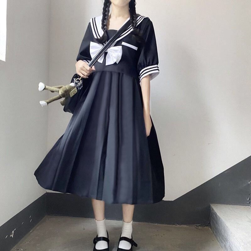 Summer new sweet college style Navy collar sailor short sleeve JK dress girl student loose mid length skirt