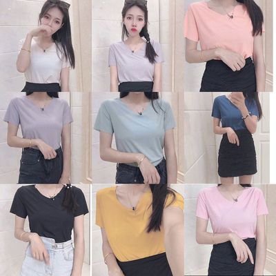 68033/新款冰丝女士短袖T恤女夏季纯色无痕薄款韩版宽松V领黑白色
