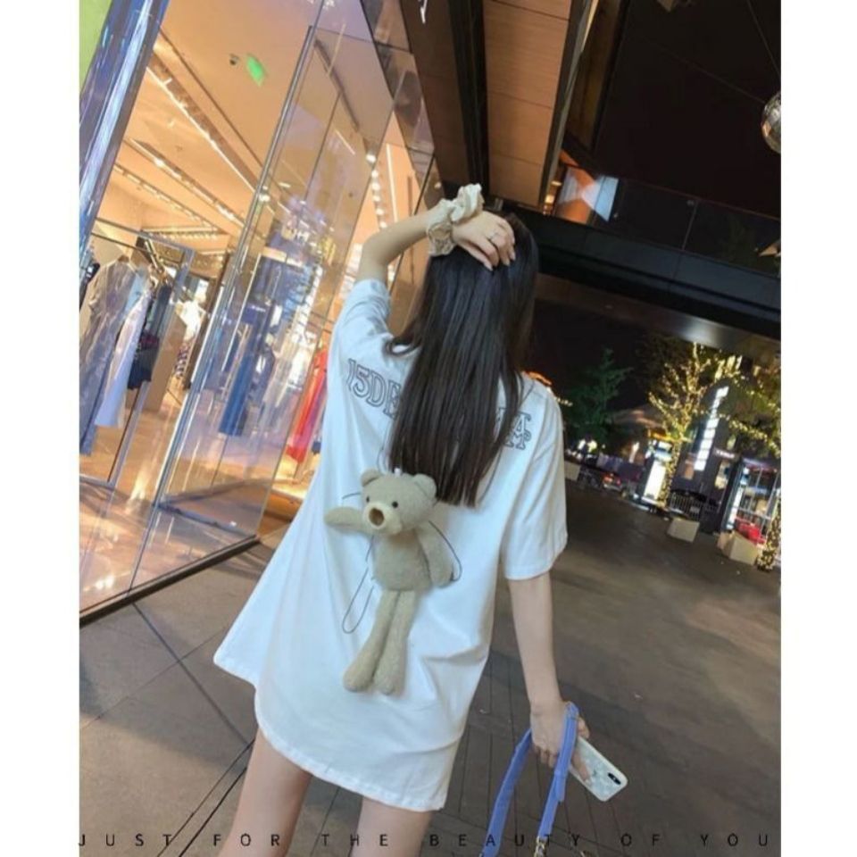 夏季可爱减龄时尚后背立体小熊短袖t恤宽松百搭中长款上衣女潮