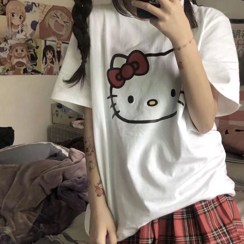 Summer new Japanese school style versatile cartoon Kitty print short sleeve KT cat T-shirt