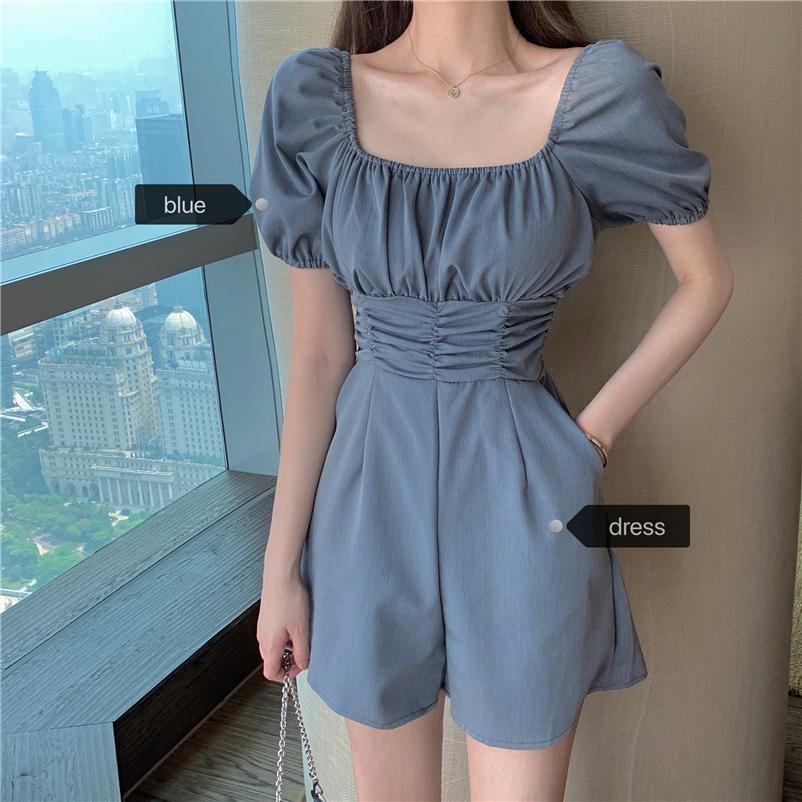 High waist pleated wide leg Shorts New Style square neck bubble sleeve waist waist off shoulder Jumpsuit net red