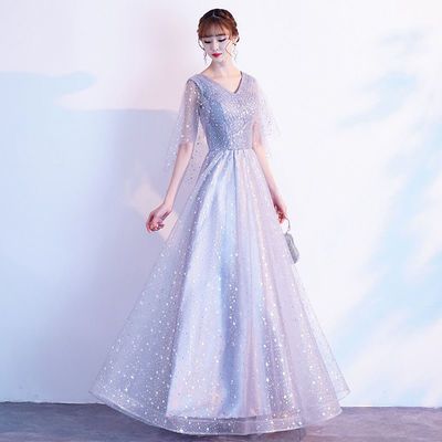 52281/大码主持礼服2021新款星空蓬蓬网纱独唱晚宴礼服气质长款仙气飘纱