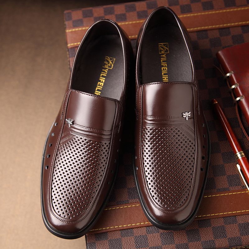 镂空皮鞋男真皮夏季新款男士凉鞋透气洞洞中年商务休闲内增高男鞋