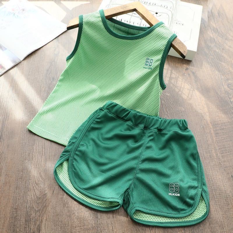 Children's summer sports suit boys and girls quick drying breathable sports vest set children's mesh 2-piece set