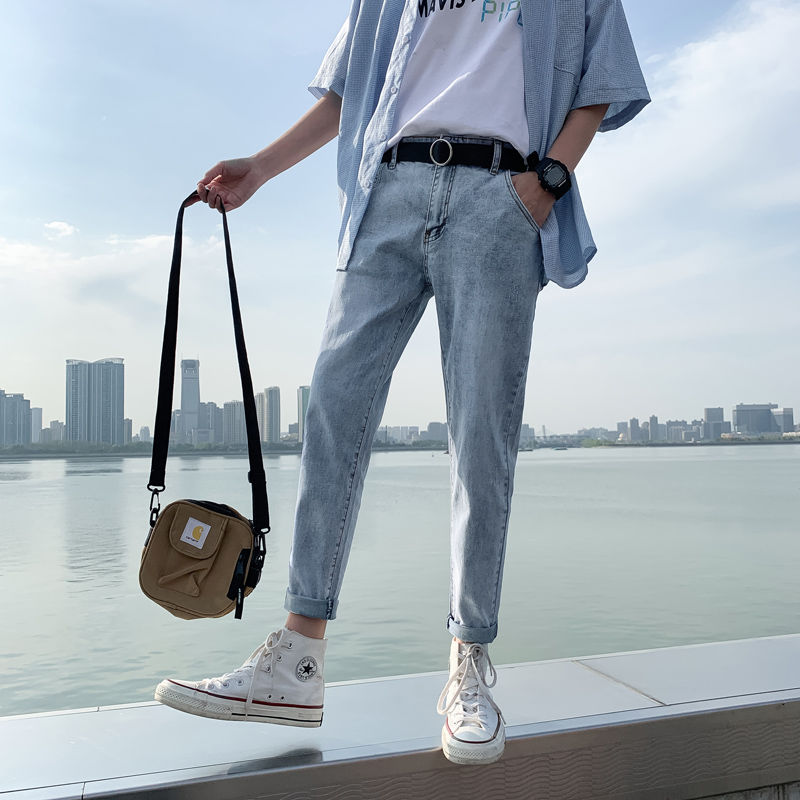 Stretch jeans men's slim feet 2020 summer ins net red 9-point pants Korean Trend versatile dad pants