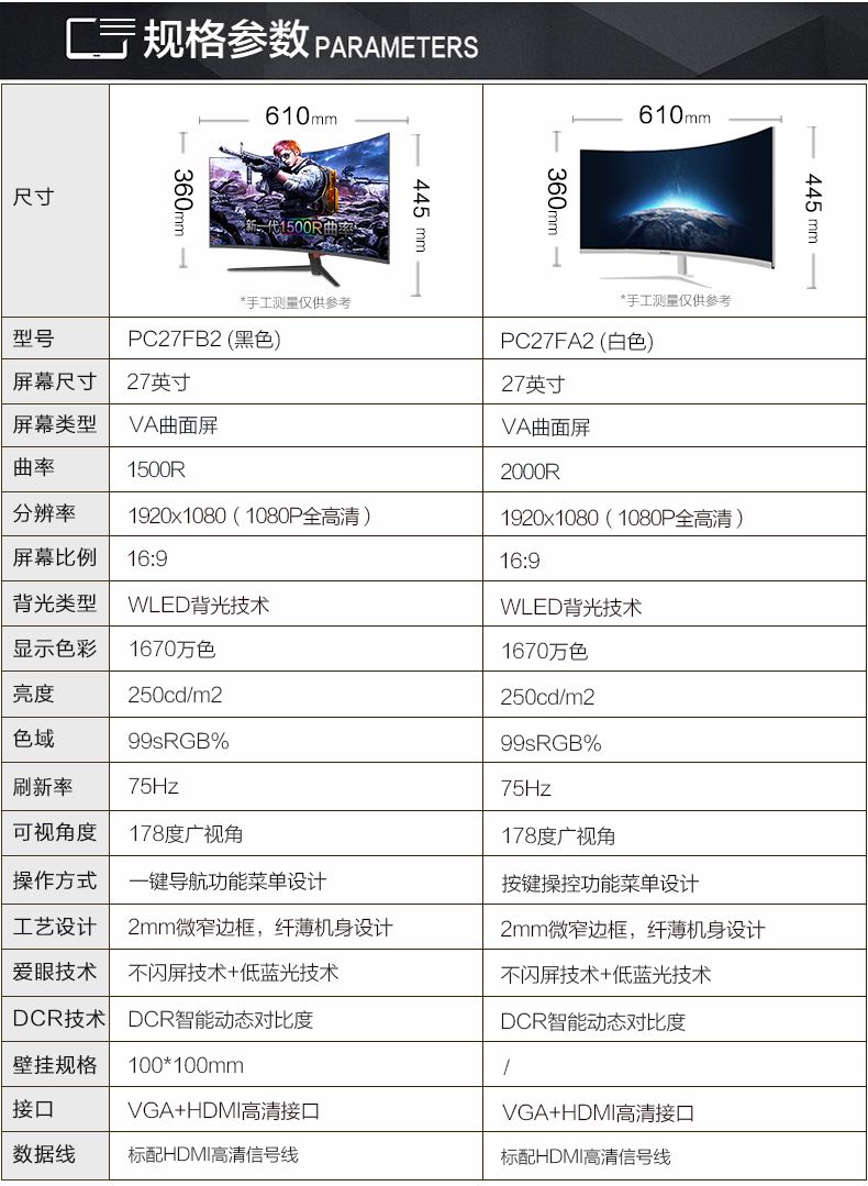 PANDA/熊猫PC27FA227英寸曲面显示器高清75Hz电竞游戏电脑屏幕24