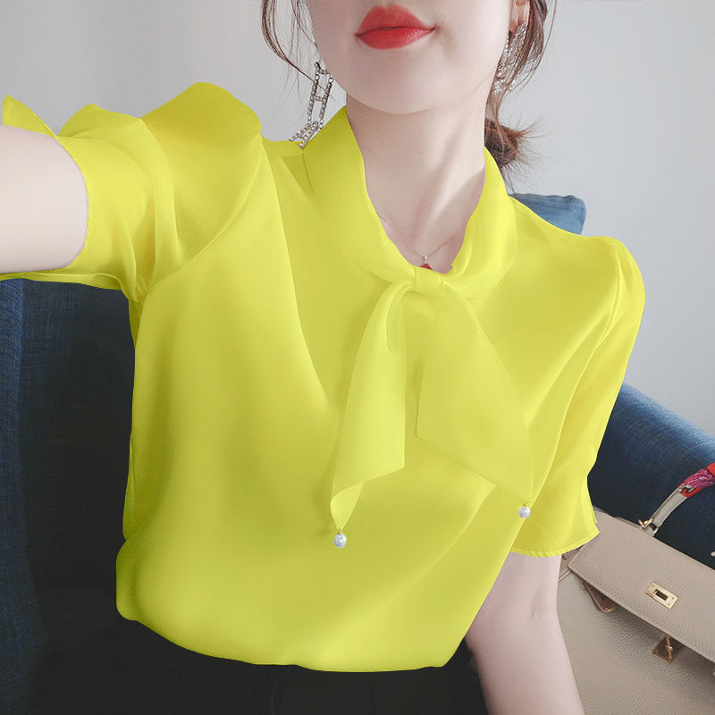 Chiffon Blouse women 2020 summer new Korean loose bow short sleeve top super fairy French style