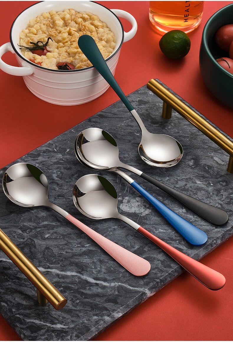 网红韩式可爱勺子家用不锈钢小汤勺甜品咖啡西瓜勺长柄圆勺套装