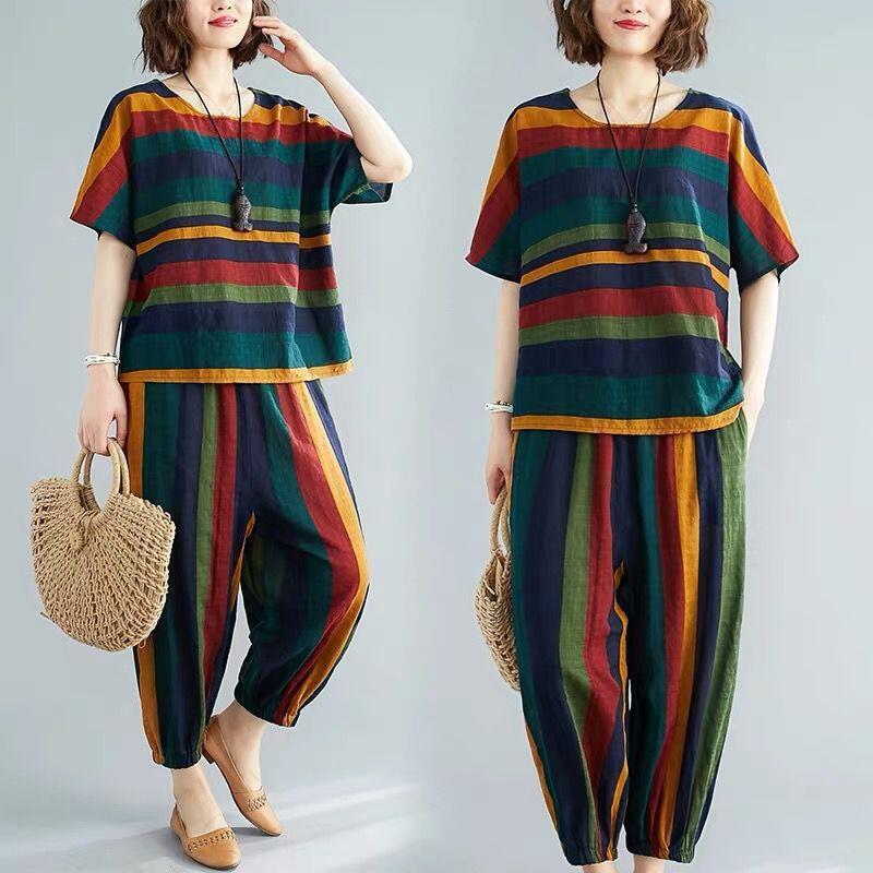 Mother suit women fashion fashion fashion 2020 summer dress new loose style literature and art RETRO stripe short sleeve leisure two piece set