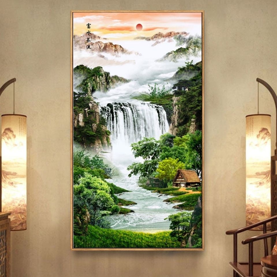 2020新款满钻钻石画富水长流水生财竖版玄关过道走廊小风景山水画