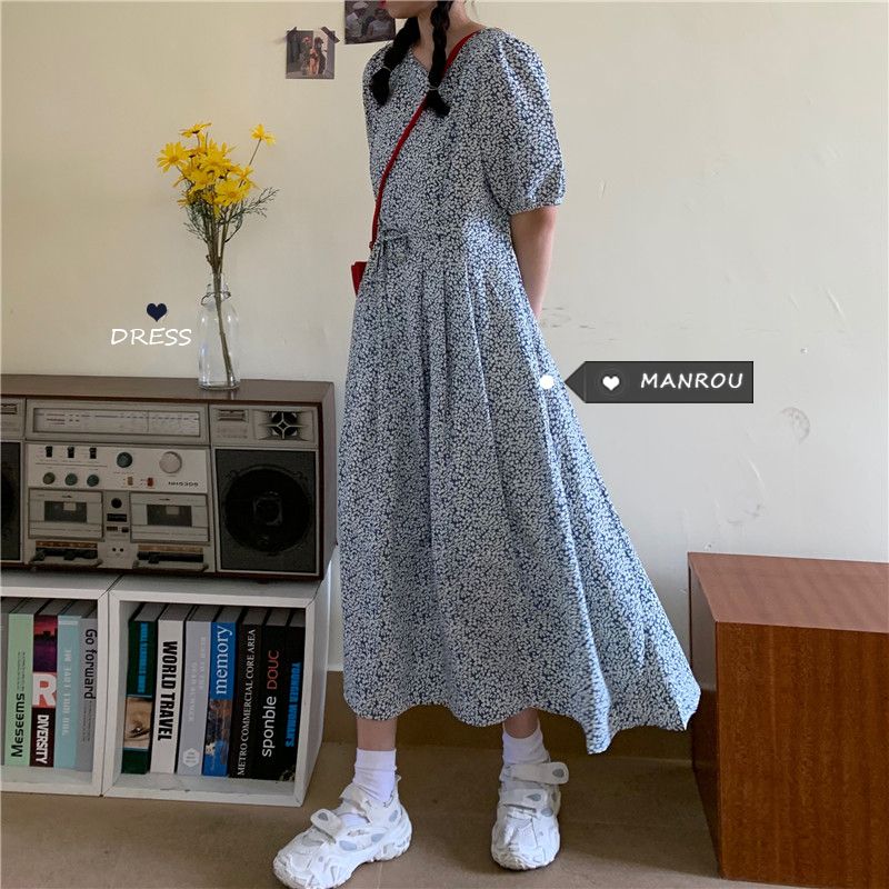 Retro French floral dress girl student Korean waist slim new summer long skirt