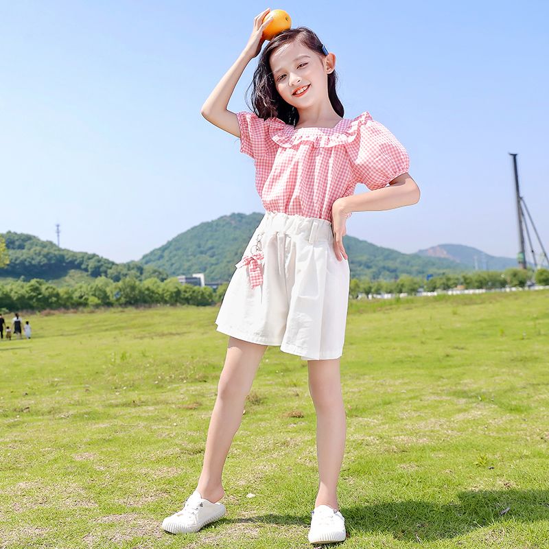 Girls' foreign style short-sleeved suit girls summer net red children's fashion medium and big children's children's clothing primary school students loose summer clothing