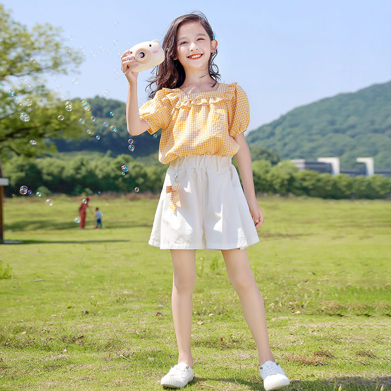 Girls' foreign style short-sleeved suit girls summer net red children's fashion medium and big children's children's clothing primary school students loose summer clothing