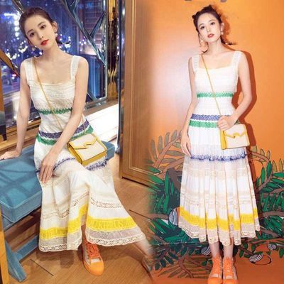 古力娜扎明星同款连衣裙女夏季新款彩色蕾丝无袖长款超仙女吊带裙【15天内发货】