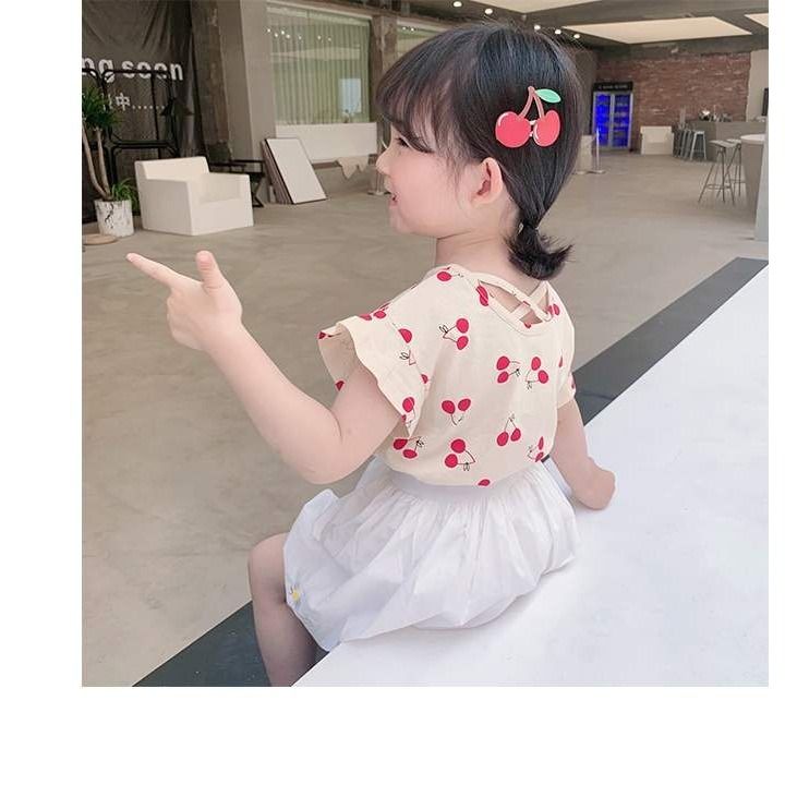 Girls' short sleeve summer clothes new girls' 2 pure cotton cherry printed baby shirt top little girls' printed T-shirt fashion