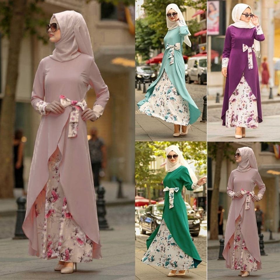 Muslim women's clothing Ramadan Hui printing fake two long skirts Malay national costume worship dress Robe