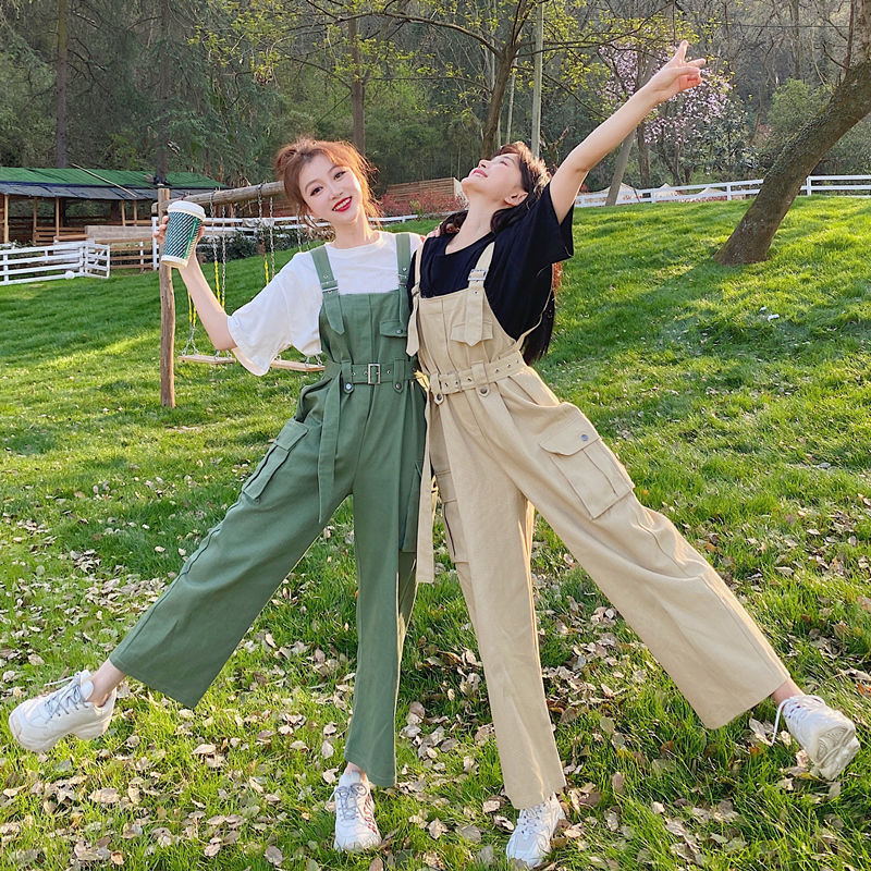 High school students' work clothes girlfriends suspenders women ins students' Korean loose summer autumn new casual one-piece wide leg pants